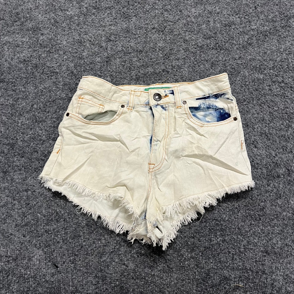 Cali Denim Shorts Womens Size 3 Cream Blue Tie Dye Ultra High Rise Frayed Hem